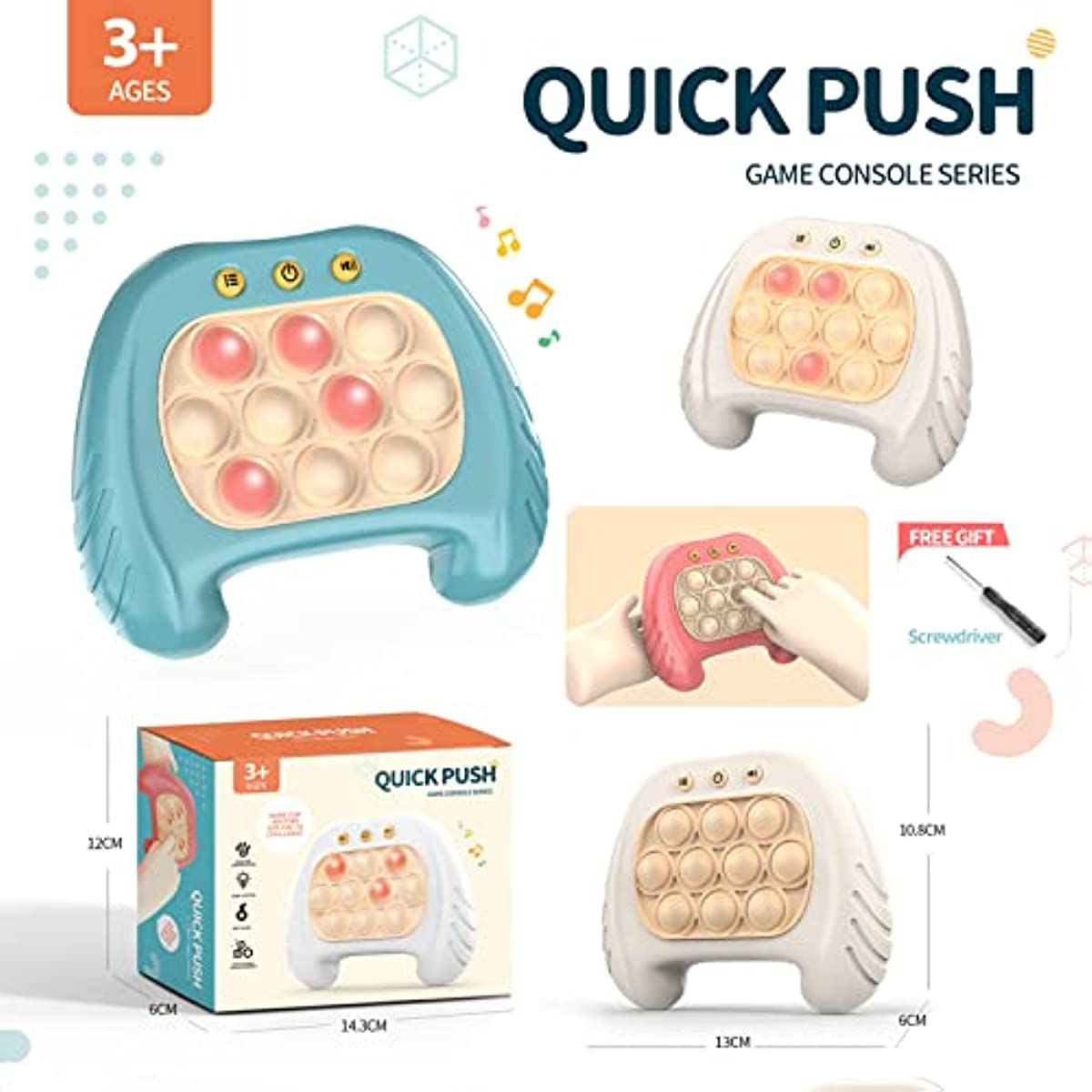 Speed Push Game Machine Puzzle Pop Game Machine Creative Decompression Game Console, Light Up Game Fidget Travel Games Toy for 3+ Years Old Toys Birthday Gift (White)