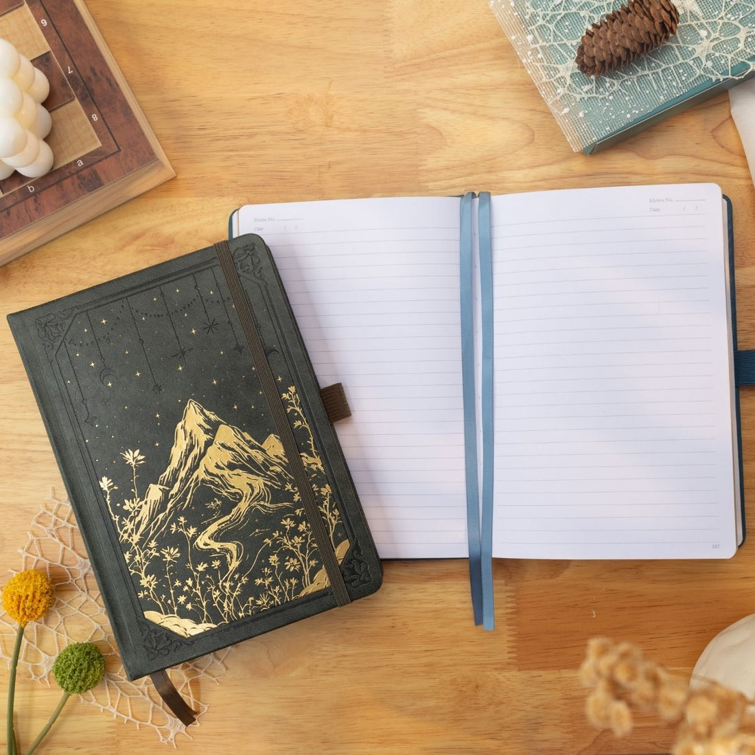 Green Vegan Leather Hardcover Journal, Gold Foil Mountain Cover with Lined Pages, Aesthetic Notebook for Writing and Gift