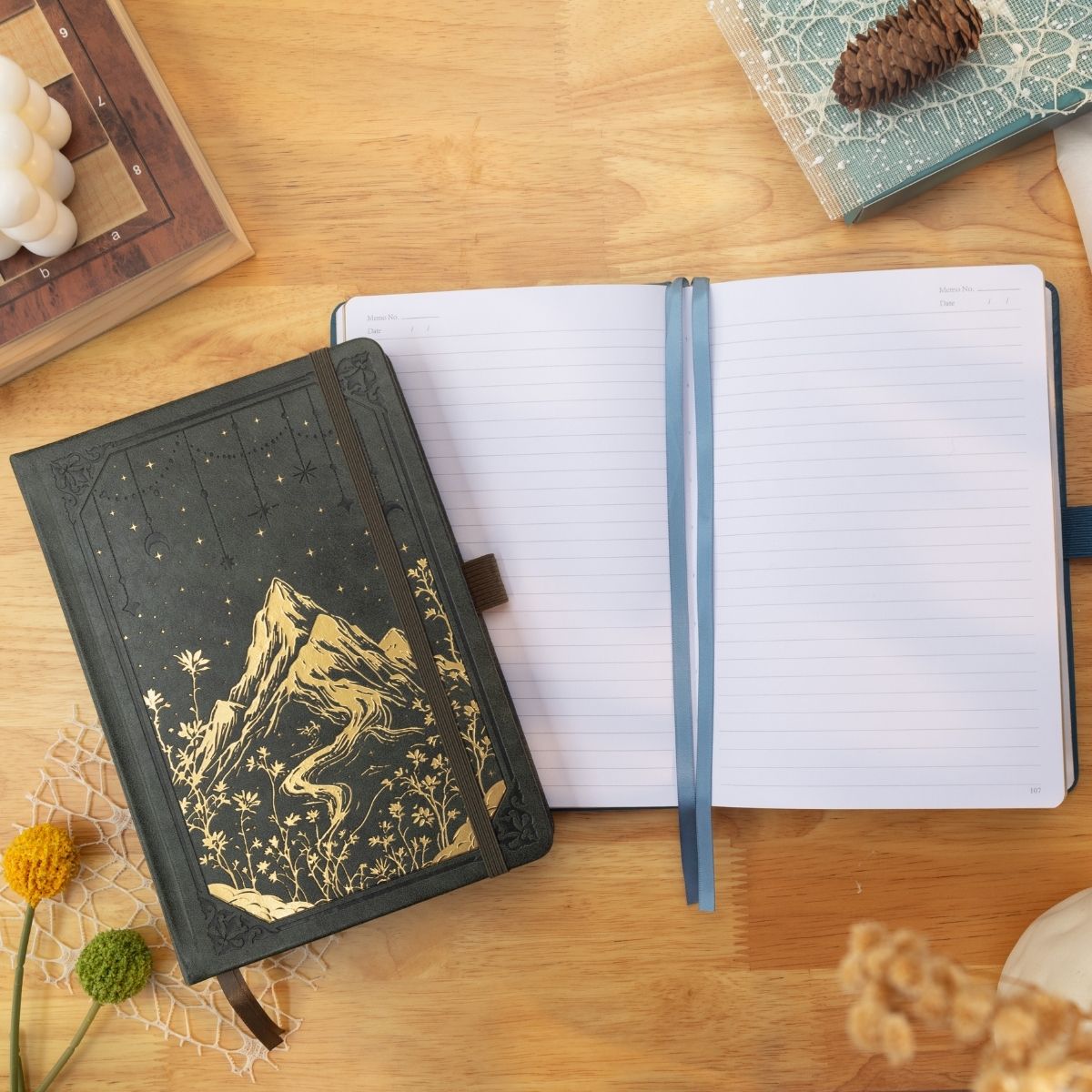Green Vegan Leather Hardcover Journal, Gold Foil Mountain Cover with Lined Pages, Aesthetic Notebook for Writing and Gift