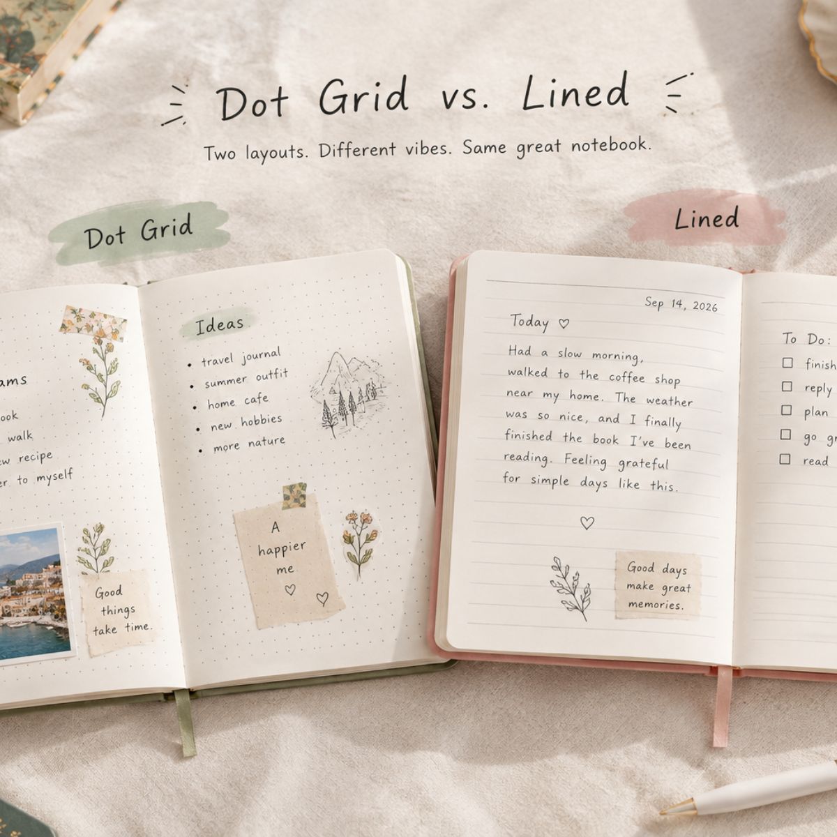 Open notebooks side by side, with a dotted journal layout on the left and lined writing pages on the right.
