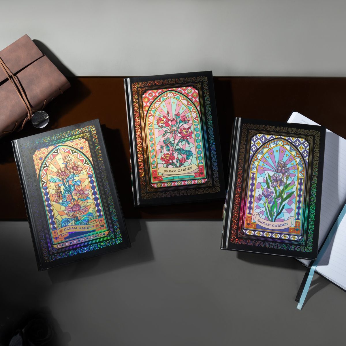 Holographic Stained Glass Floral Cardboard Notebook Collection, Dream Garden Hardcover Journals in Assorted Colors