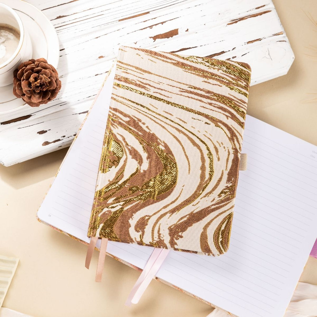 A5 Cloth Hardcover Journal, Gold Fluid Marble Pattern Cover with Lined Pages, Aesthetic Notebook for Writing and Gift