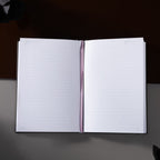 Open A5 lined notebook showing clean white pages with Date and Memo No. headers, a pink ribbon bookmark, and a black elastic closure.
