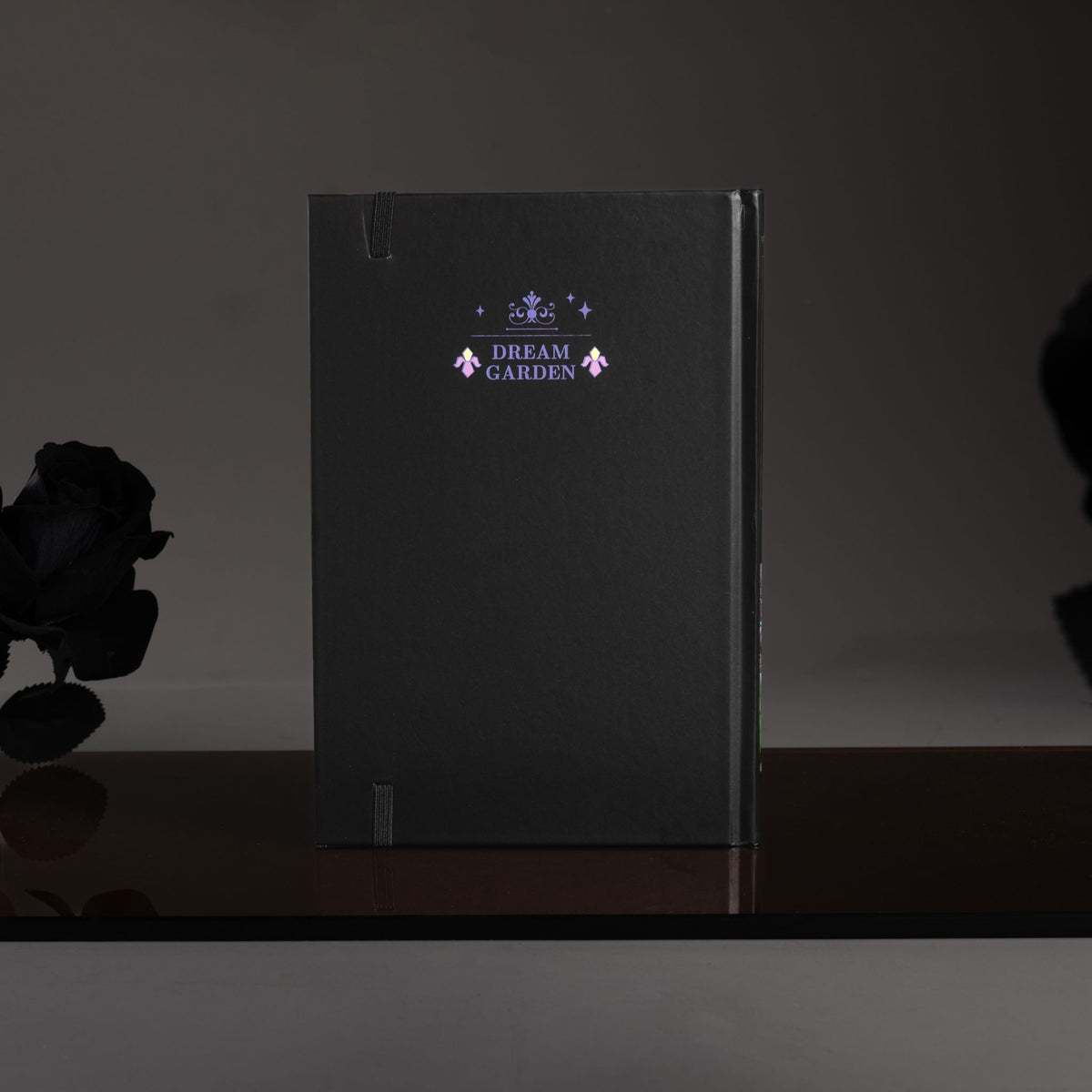 Back cover of the black Dream Garden cardboard notebook standing upright, featuring a minimalist "DREAM GARDEN" logo and star design on a dark surface.