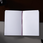 Open A5 lined notebook showing clean white pages with Date and Memo No. headers, a pink ribbon bookmark, and a black elastic closure.