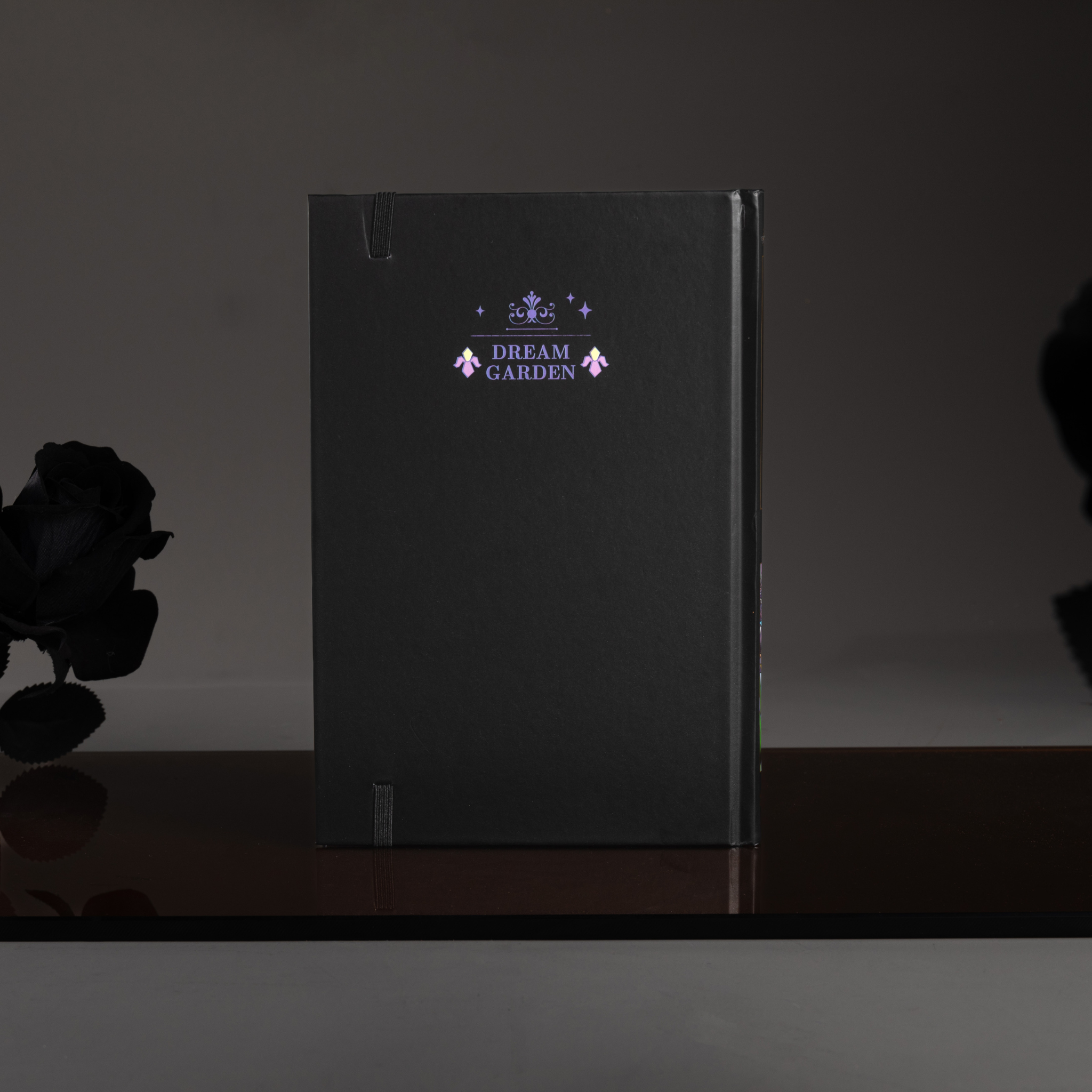 Back cover of the black Dream Garden cardboard notebook standing upright, featuring a minimalist "DREAM GARDEN" logo and star design on a dark surface.