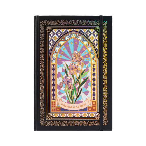 A5 black and purple holographic iris cardboard notebook with Dream Garden floral arch design, standing upright on a white background.