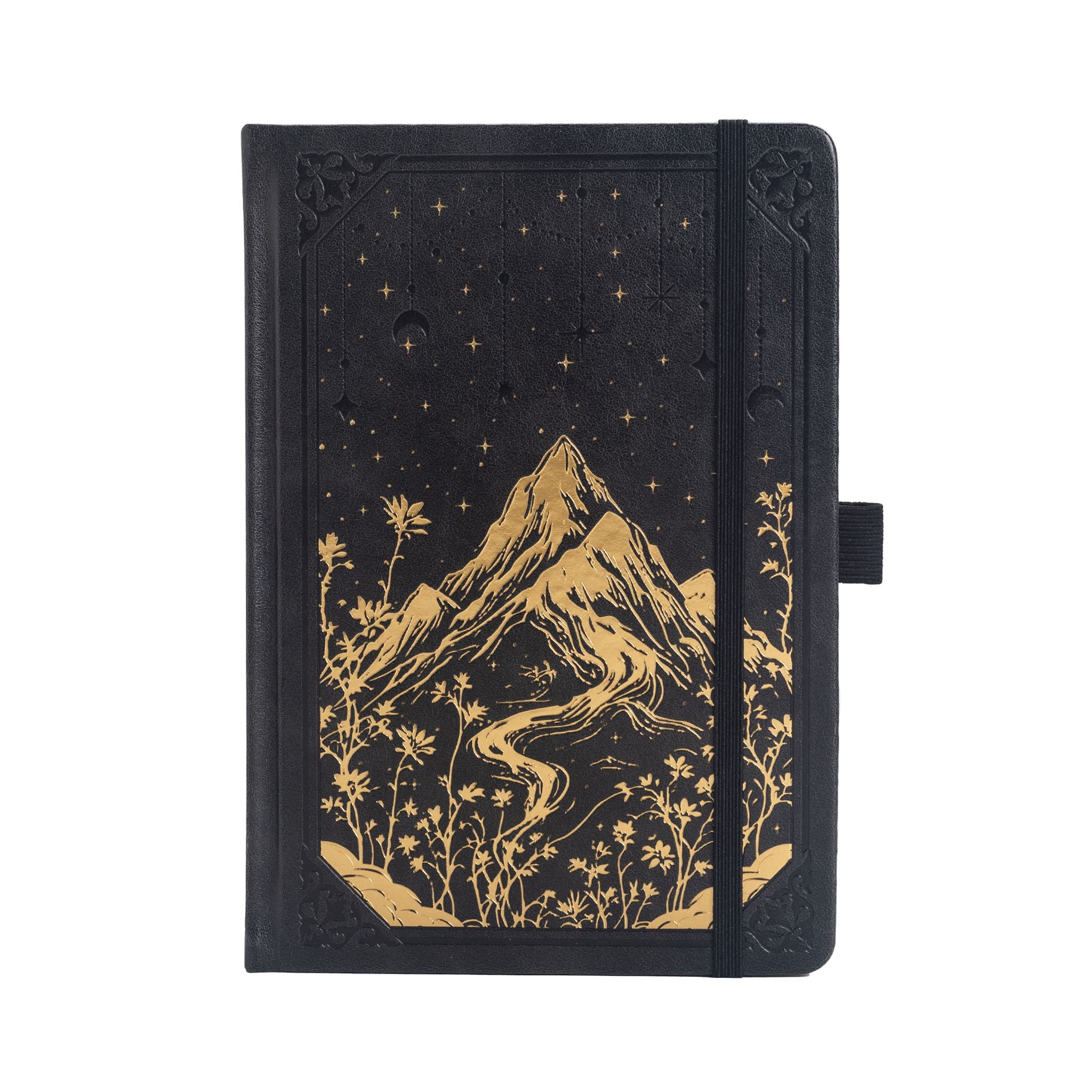 A5 black vegan leather notebook with gold foil mountain and starry night embossing, standing upright on a white background with a matching black elastic band.