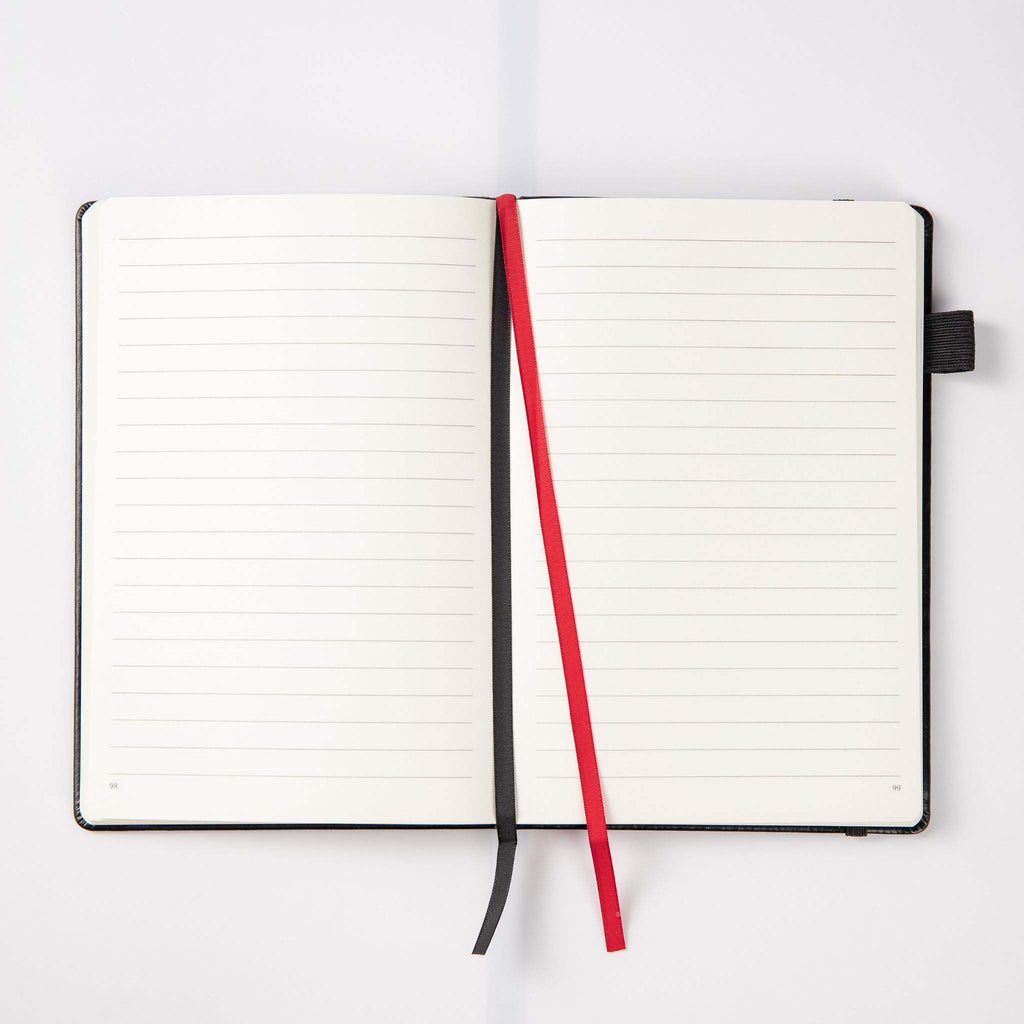 A5 Black Vegan Leather Notebook by MGGAO, 188 Pages 9mm Ruled Lined Paper with Dual Ribbon Bookmarks