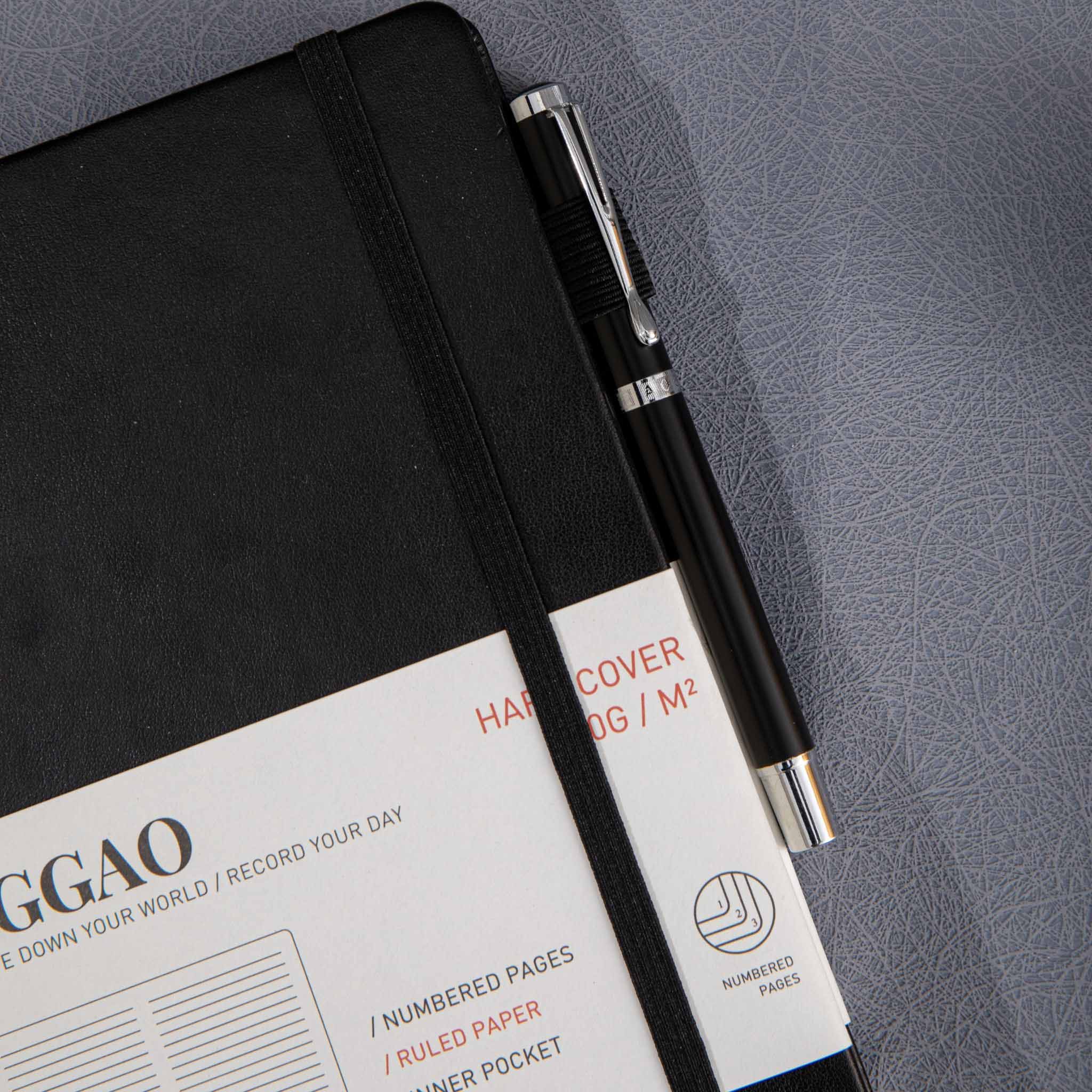 A5 Black Vegan Leather Notebook by MGGAO, 100gsm Thick Paper Journal with Pen and Packaging Sleeve