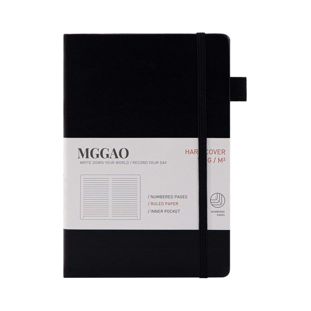 A5 Black Vegan Leather Notebook by MGGAO with Premium Packaging Sleeve, 188 Numbered Pages and 9mm Ruled Lined Paper