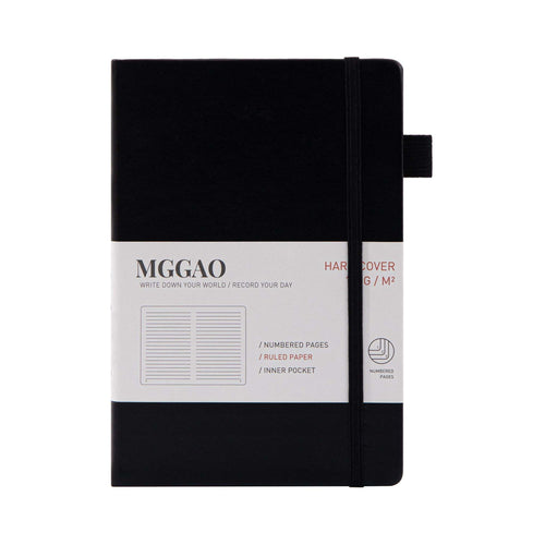 A5 Black Vegan Leather Notebook by MGGAO with Premium Packaging Sleeve, 188 Numbered Pages and 9mm Ruled Lined Paper