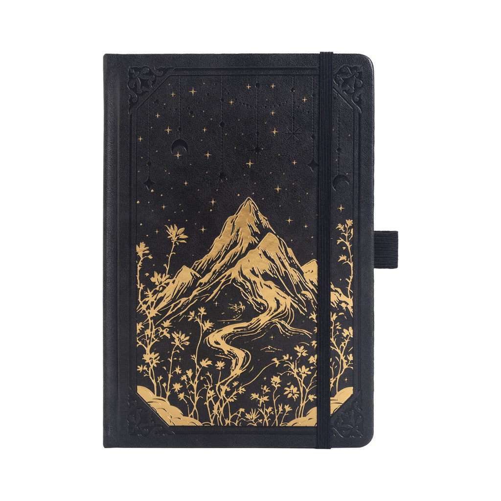 A5 Black Vegan Leather Mountain Notebook | Matte Gold Hardcover
