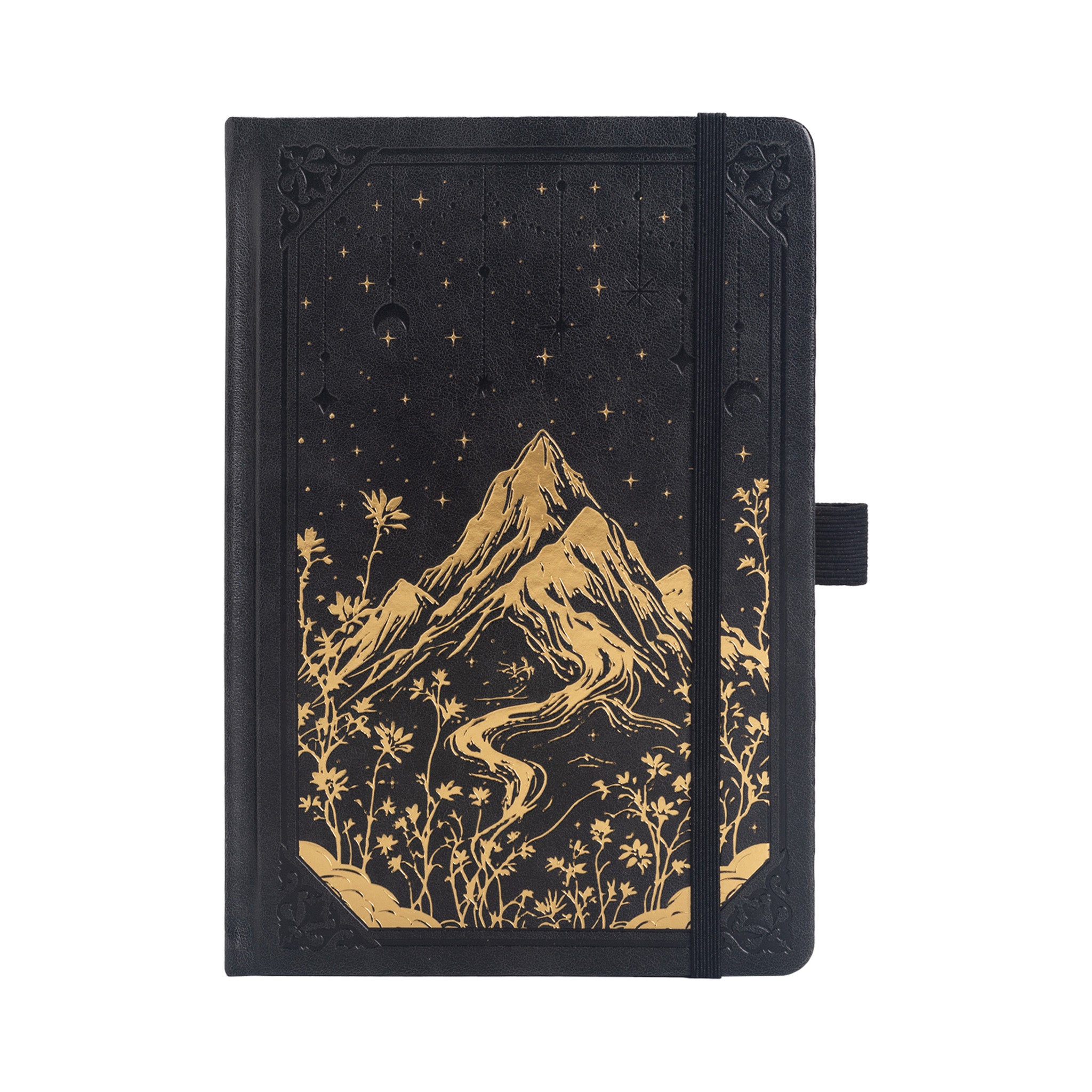A5 Black Vegan Leather Mountain Notebook | Matte Gold Hardcover
