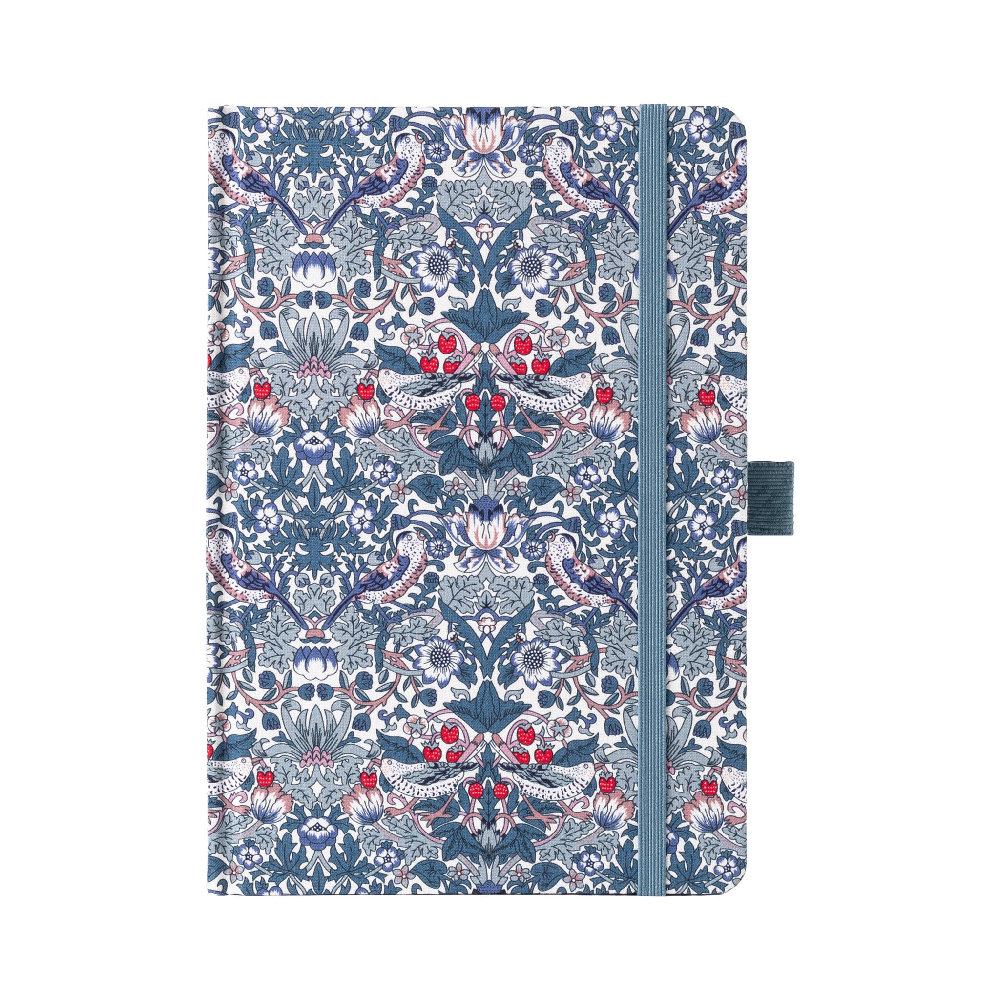 A5 blue ornamental floral fabric notebook standing upright on a white background with a matching blue elastic closure, featuring an intricate symmetrical botanical pattern with red and white accents.