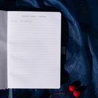 Close-up of the content index page of the blue floral notebook, showing "CONTENT / INHALT / CONTENU" headers and "PAGE / TOPIC" lined sections.
