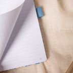 Close-up of a page being turned in the lilac and blue floral notebook, revealing a smooth lined page and corner page number.