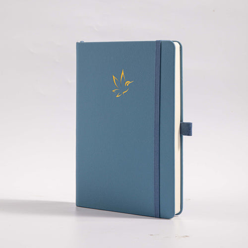 A5 Blue Vegan Leather Hummingbird Notebook, White Background Side View with Pen Loop