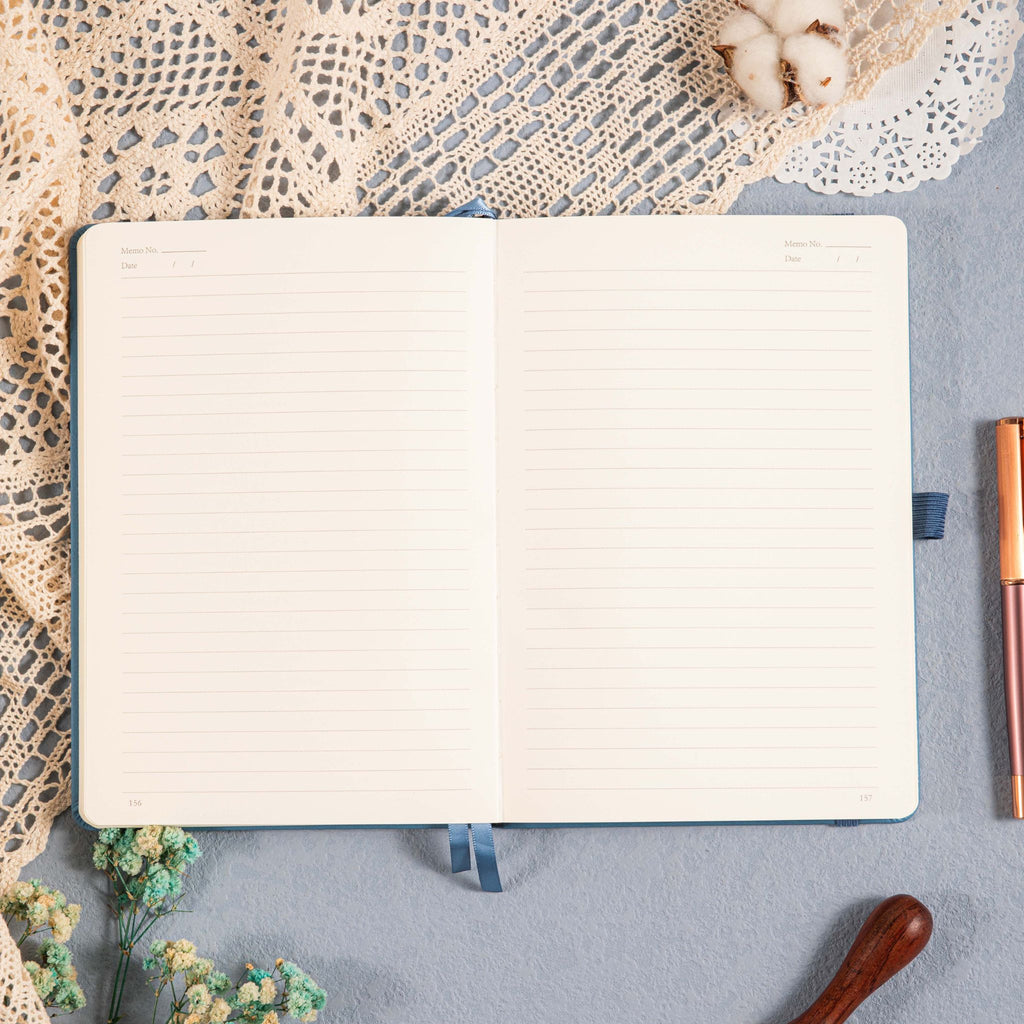 A5 Blue Vegan Leather Hummingbird Notebook Open, Numbered Pages with Date Headers and 7mm Ruled Lines