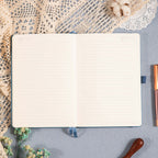 A5 Blue Vegan Leather Hummingbird Notebook Open, Numbered Pages with Date Headers and 7mm Ruled Lines