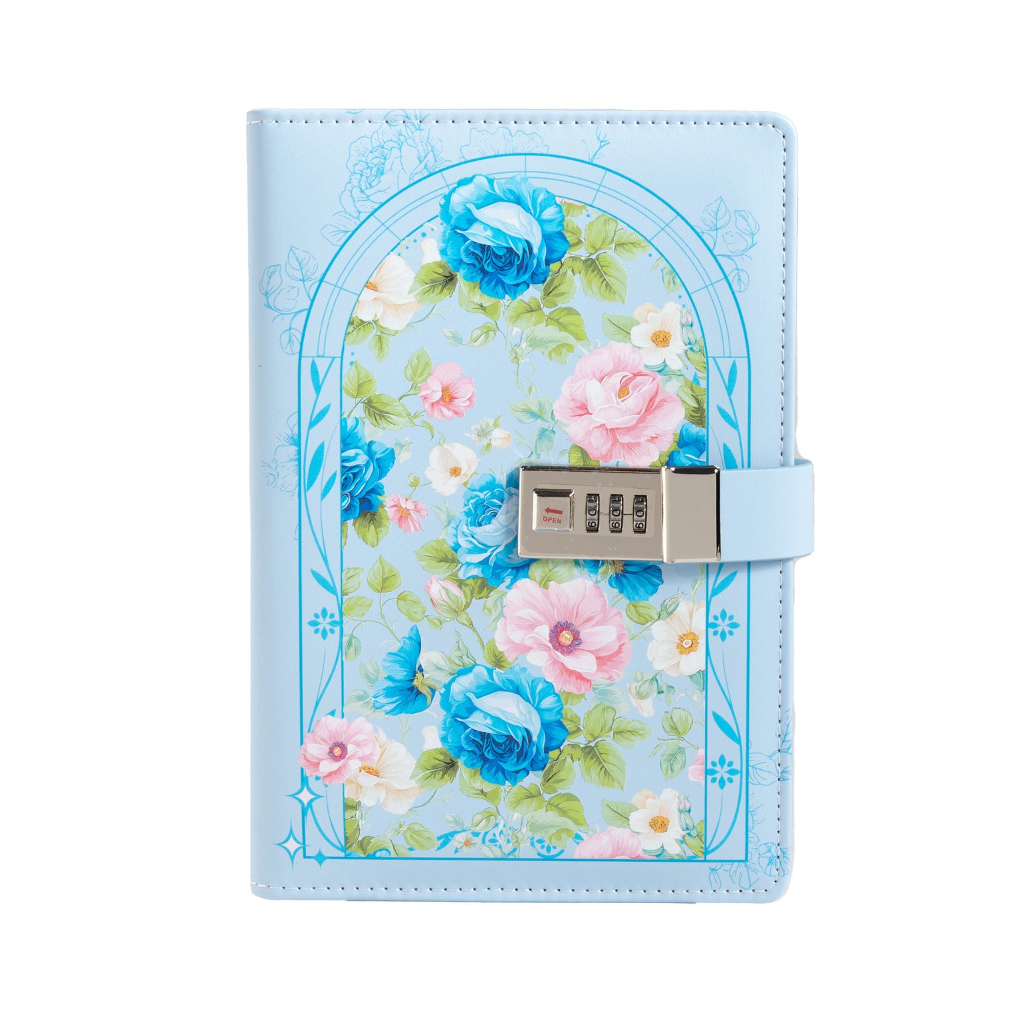 A5 light blue vegan leather notebook with a floral arch design and a 3-digit metal combination lock, standing upright on a white background with a matching light blue elastic band.
