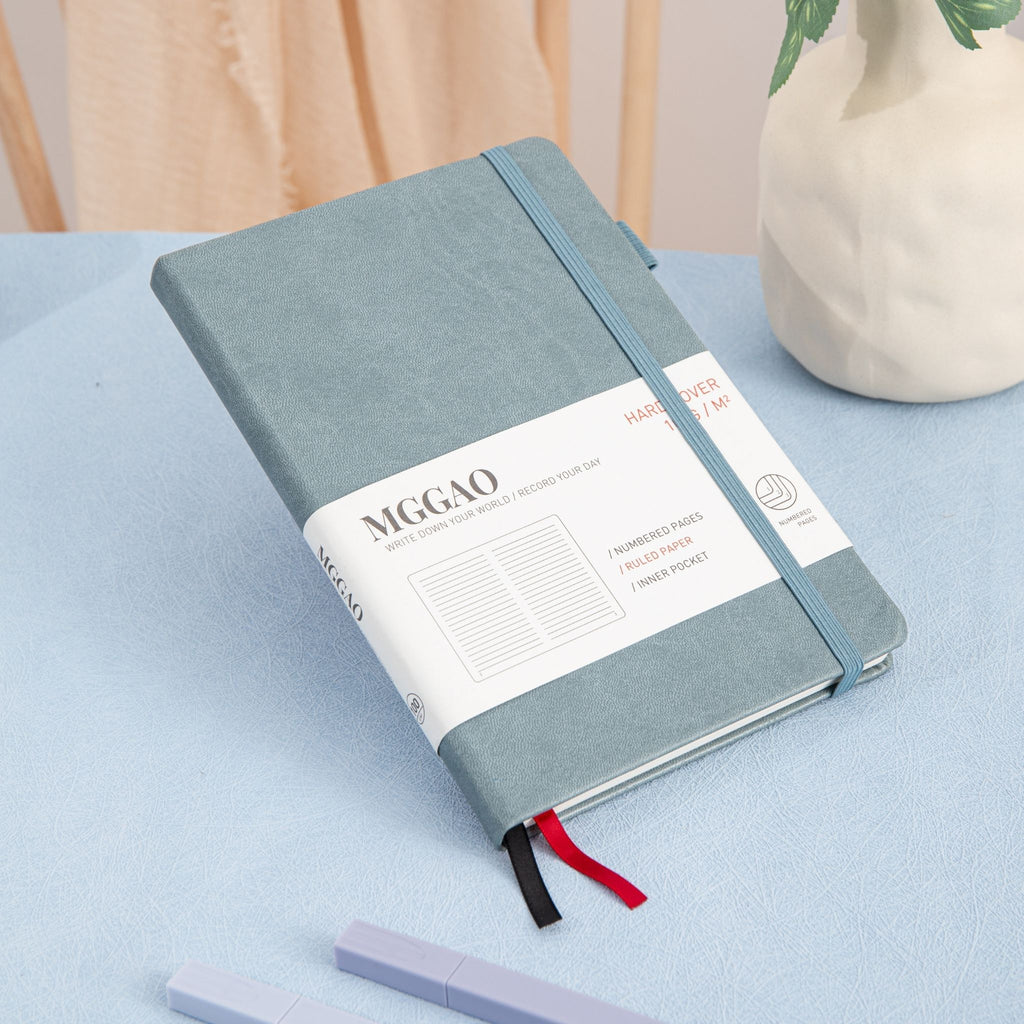 MGGAO A5 Grey Vegan Leather Notebook with Pen Loop and Red Ribbon Bookmark, for Office and Study