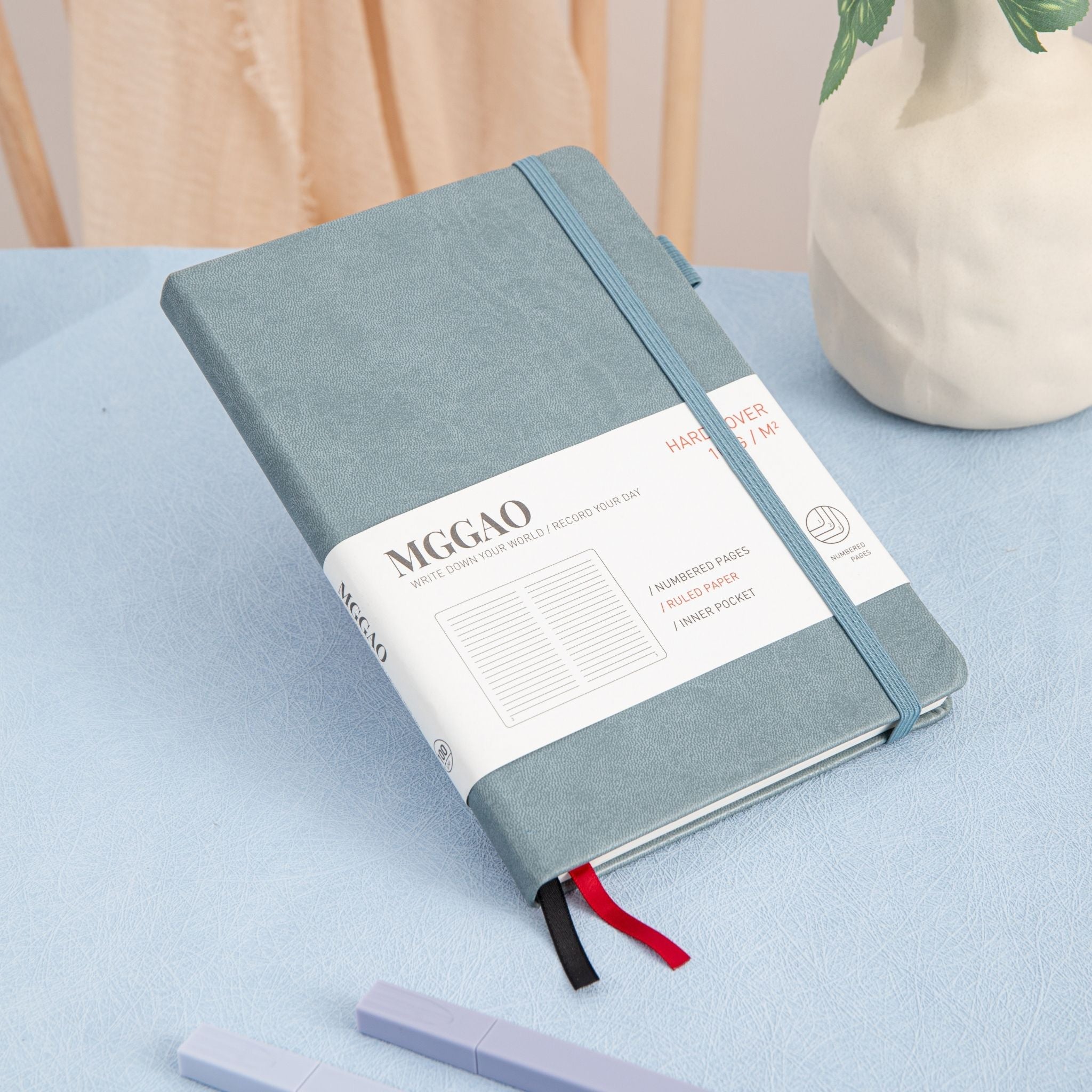 MGGAO A5 Grey Vegan Leather Notebook with Pen Loop and Red Ribbon Bookmark, for Office and Study