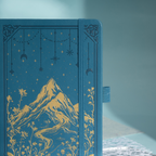 Close-up of the deep blue vegan leather notebook cover, showcasing the gold foil mountain and starry night design, embossed corner borders, and a matching blue elastic band.