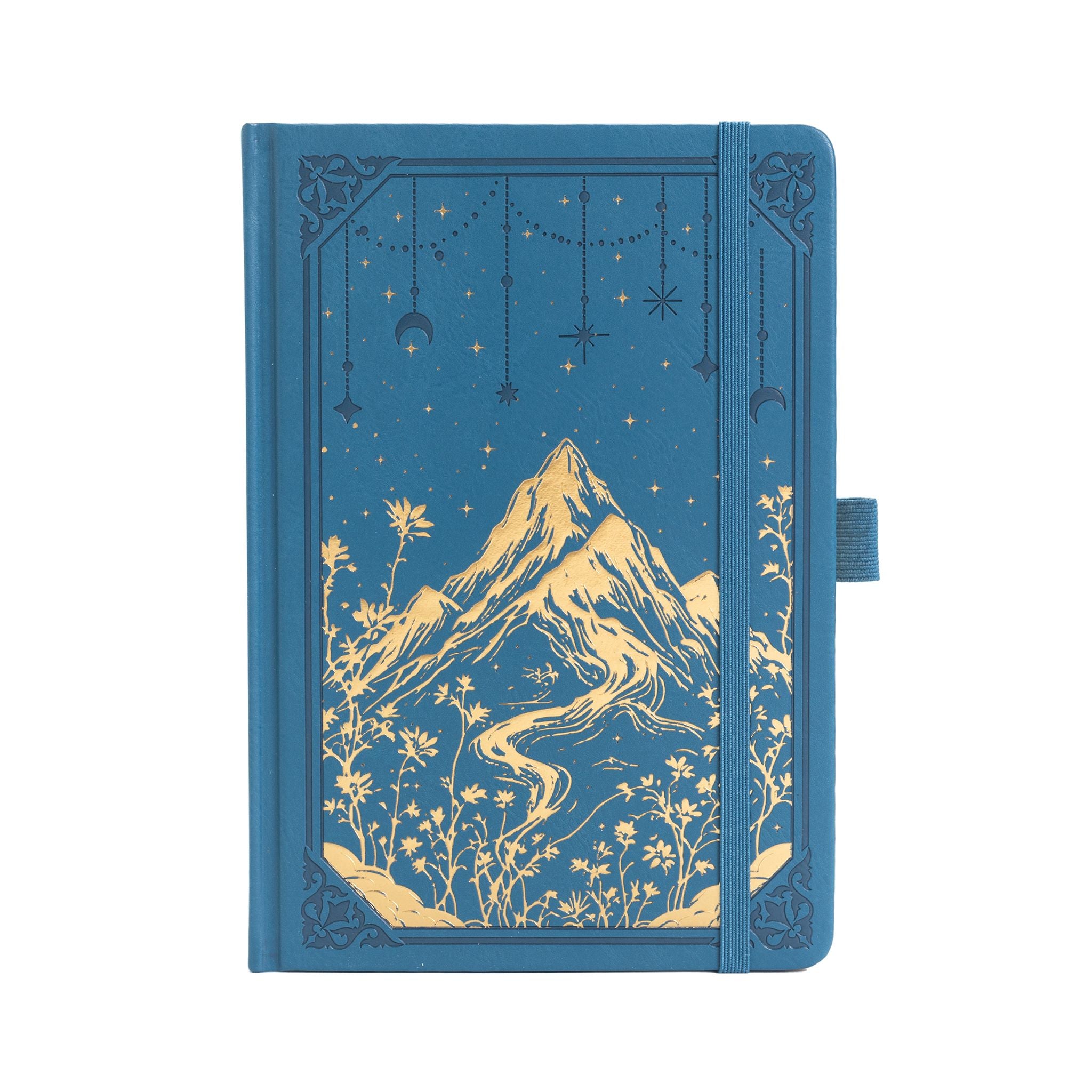 A5 deep blue vegan leather notebook with gold foil mountain and starry night embossing, standing upright on a white background with a matching blue elastic band.
