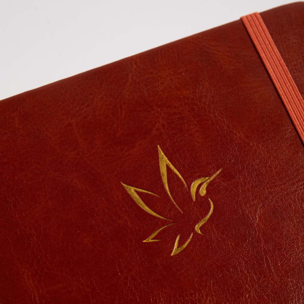 A5 Brown Vegan Leather Hummingbird Notebook Close-up, Gold Foil Hummingbird Emboss with Vintage Mat