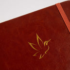 A5 Brown Vegan Leather Hummingbird Notebook Close-up, Gold Foil Hummingbird Emboss with Vintage Mat