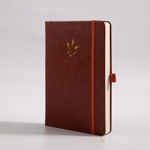 A5 Brown Vegan Leather Hummingbird Notebook, White Background Side View with Pen Loop