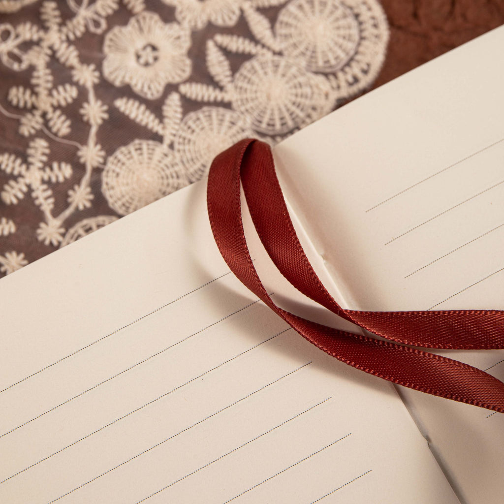 A5 Brown Vegan Leather Hummingbird Notebook Detail, Reddish-Brown Ribbon Bookmark on 7mm Ruled Lined Paper
