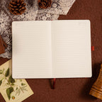 A5 Brown Vegan Leather Hummingbird Notebook Open, Numbered Pages with Date Headers and 7mm Ruled Lines