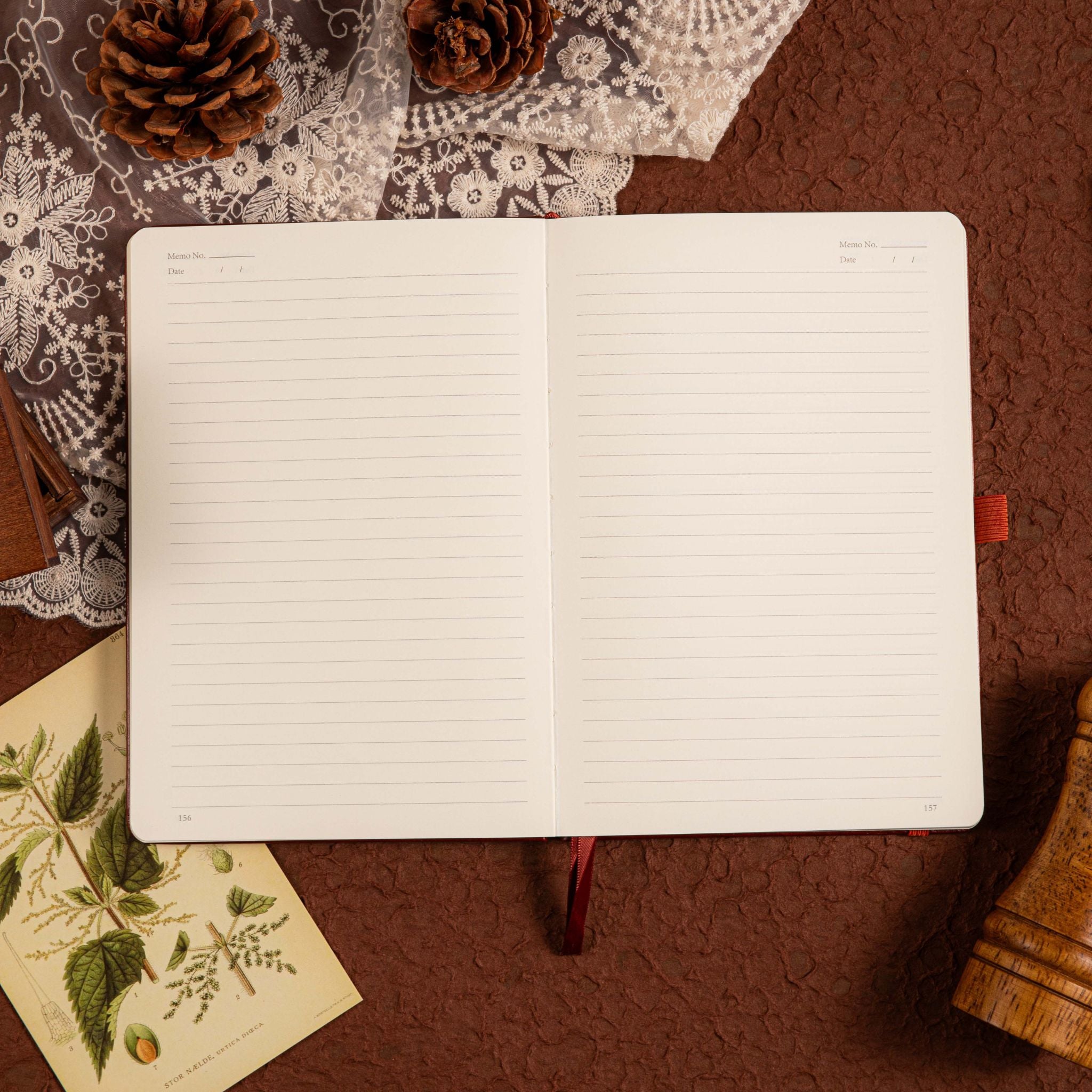 A5 Brown Vegan Leather Hummingbird Notebook Open, Numbered Pages with Date Headers and 7mm Ruled Lines