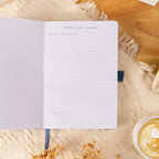 Close-up of the content index page of the blue bird fabric notebook, showing "CONTENT / INHALT / CONTENU" headers and lined topic sections.