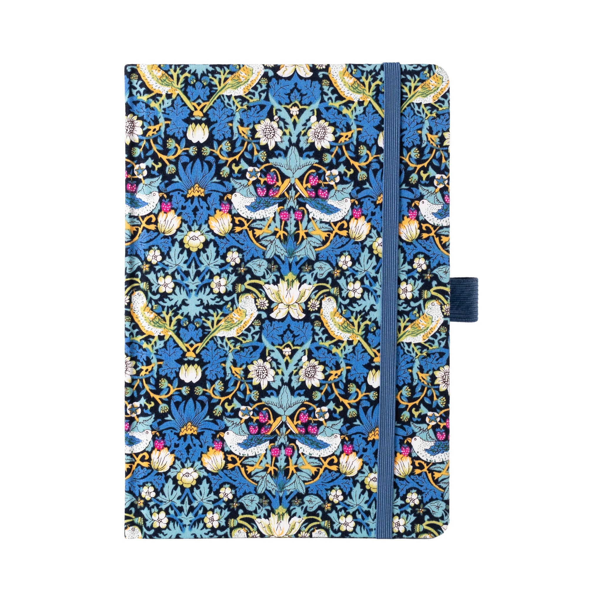 A5 blue bird and botanical fabric notebook standing upright on a white background, featuring an intricate symmetrical pattern of birds, flowers, and vines, finished with a matching blue elastic closure.