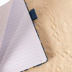 Close-up of a page being turned in the blue bird floral notebook, revealing the smooth lined paper interior and corner page number.