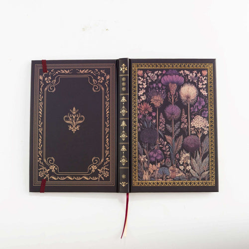A5 Dark Purple Taupe Floral Tapestry Hardcover Notebook Open, Ribbon Bookmark Detail