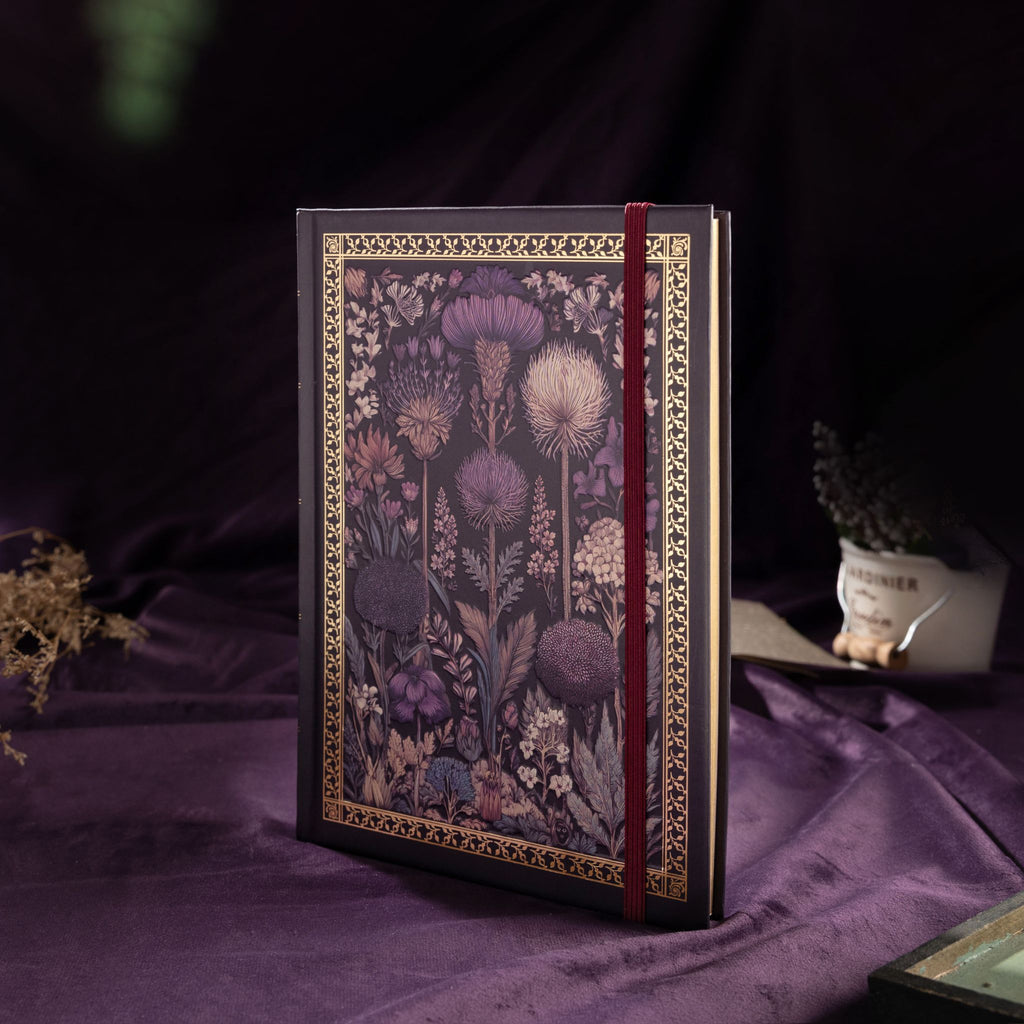 A5 Dark Purple Taupe Floral Tapestry Hardcover Notebook on Dark Purple Background