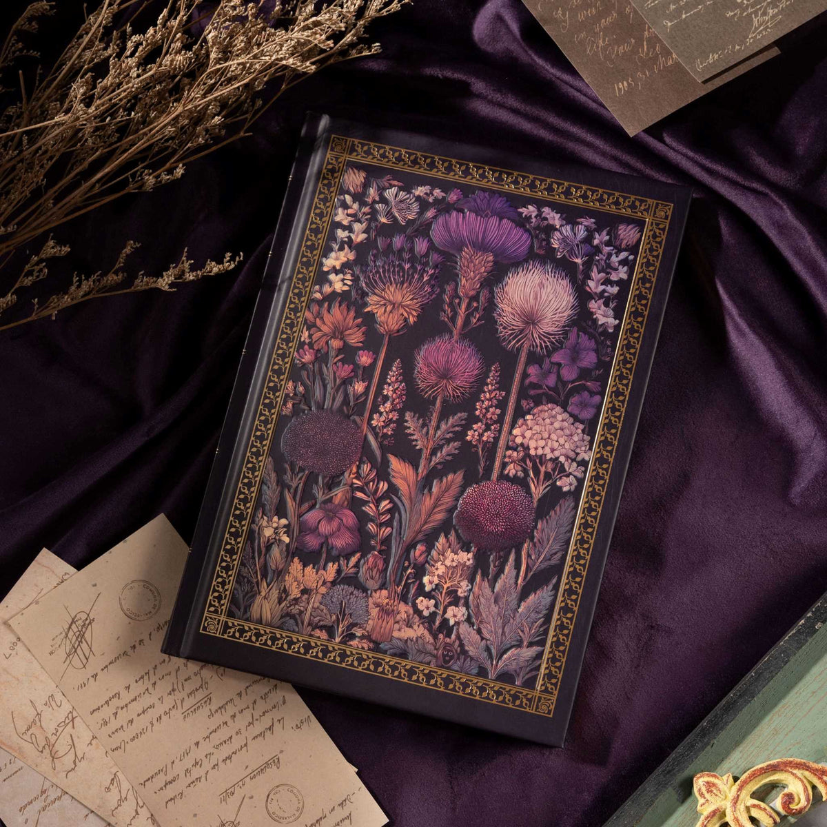 A5 Dark Purple Taupe Floral Tapestry Hardcover Notebook on Purple Silk with Vintage Letters and Dried Flowers