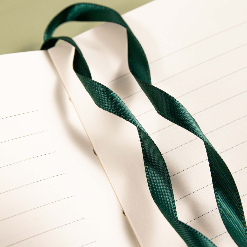 A5 Green Vegan Leather Hummingbird Notebook Detail, Green Ribbon Bookmark on 7mm Ruled Lined Paper