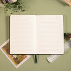 A5 Green Vegan Leather Hummingbird Notebook Open, Numbered Pages with Date Headers and 7mm Ruled Lines