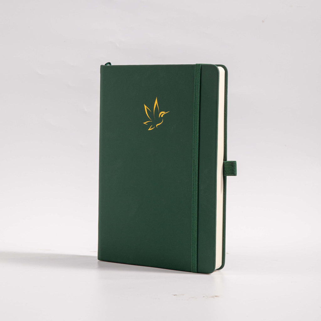 A5 Green Vegan Leather Hummingbird Notebook, White Background Side View with Pen Loop