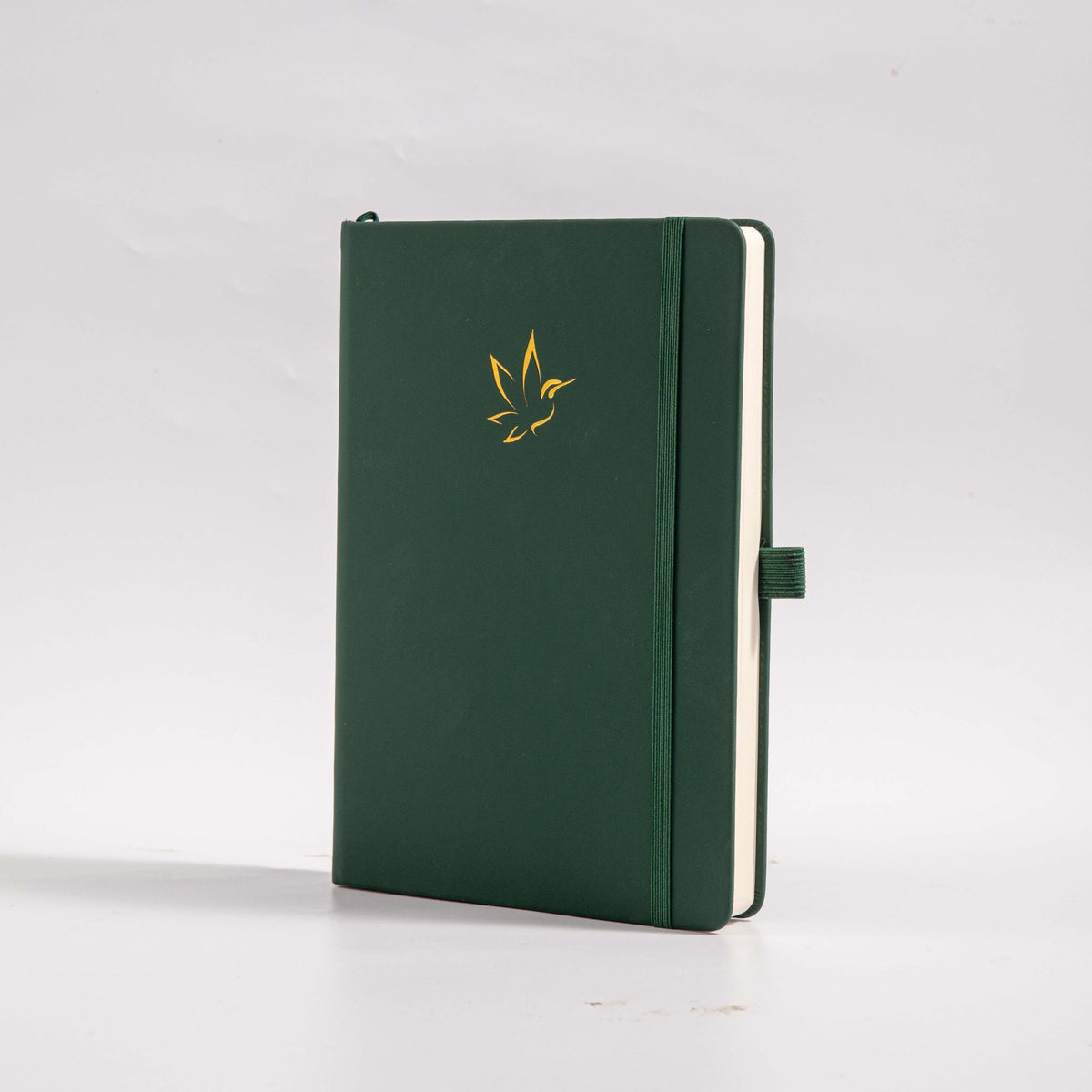 A5 Green Vegan Leather Hummingbird Notebook, White Background Side View with Pen Loop
