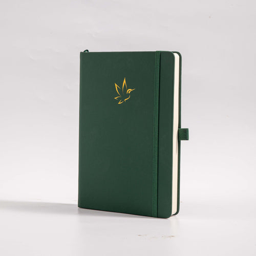 A5 Green Vegan Leather Hummingbird Notebook, White Background Side View with Pen Loop
