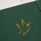 A5 Green Vegan Leather Hummingbird Notebook Close-up, Gold Foil Hummingbird Emboss