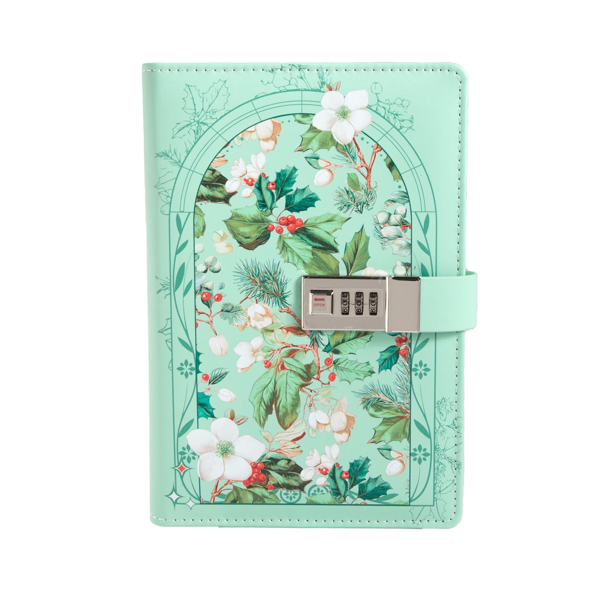 A5 green vegan leather notebook with a floral arch design and a 3-digit metal combination lock, standing upright on a white background with a matching mint green elastic band.