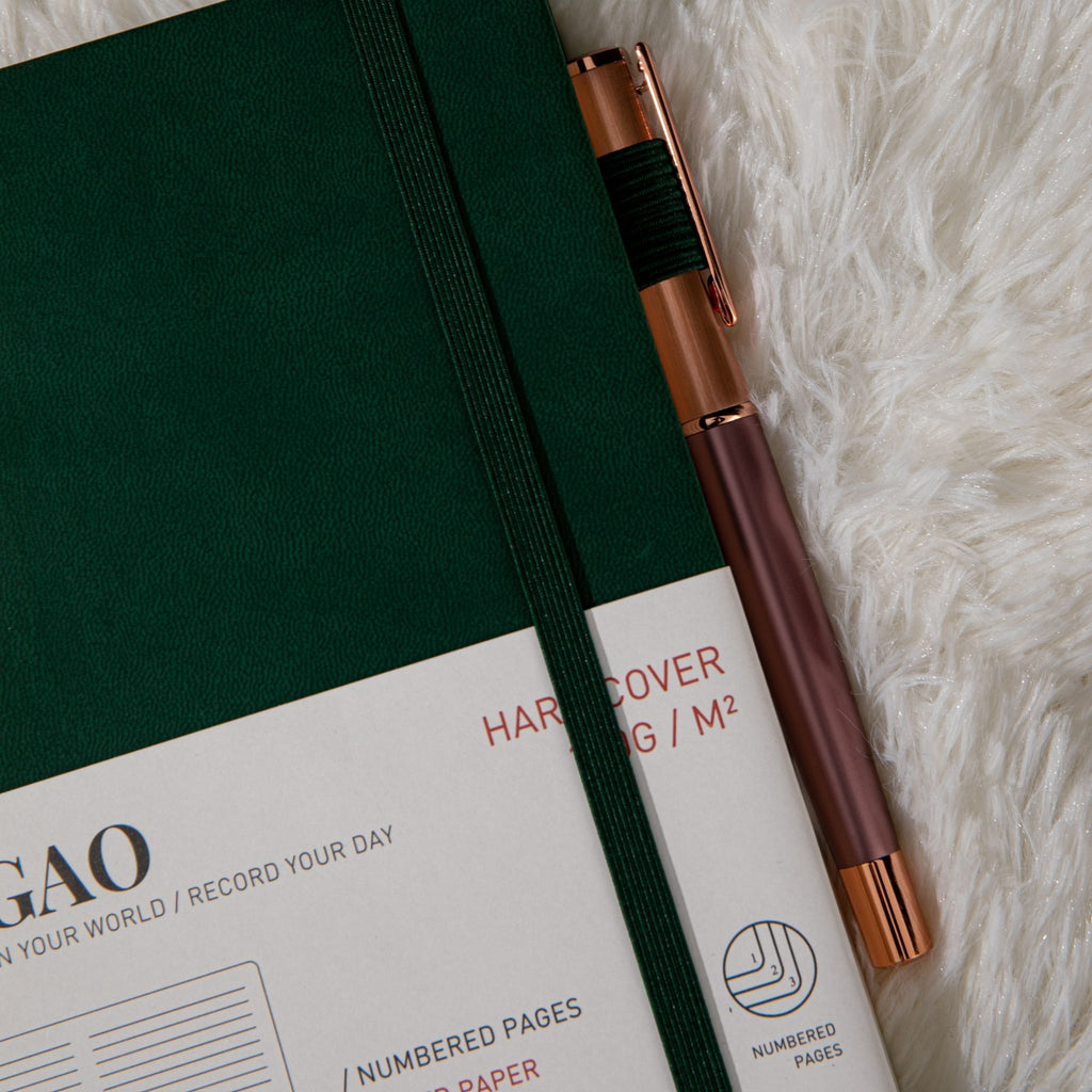 MGGAO A5 Green Vegan Leather Notebook with Pen Loop and Elastic Band, Close-up Detail