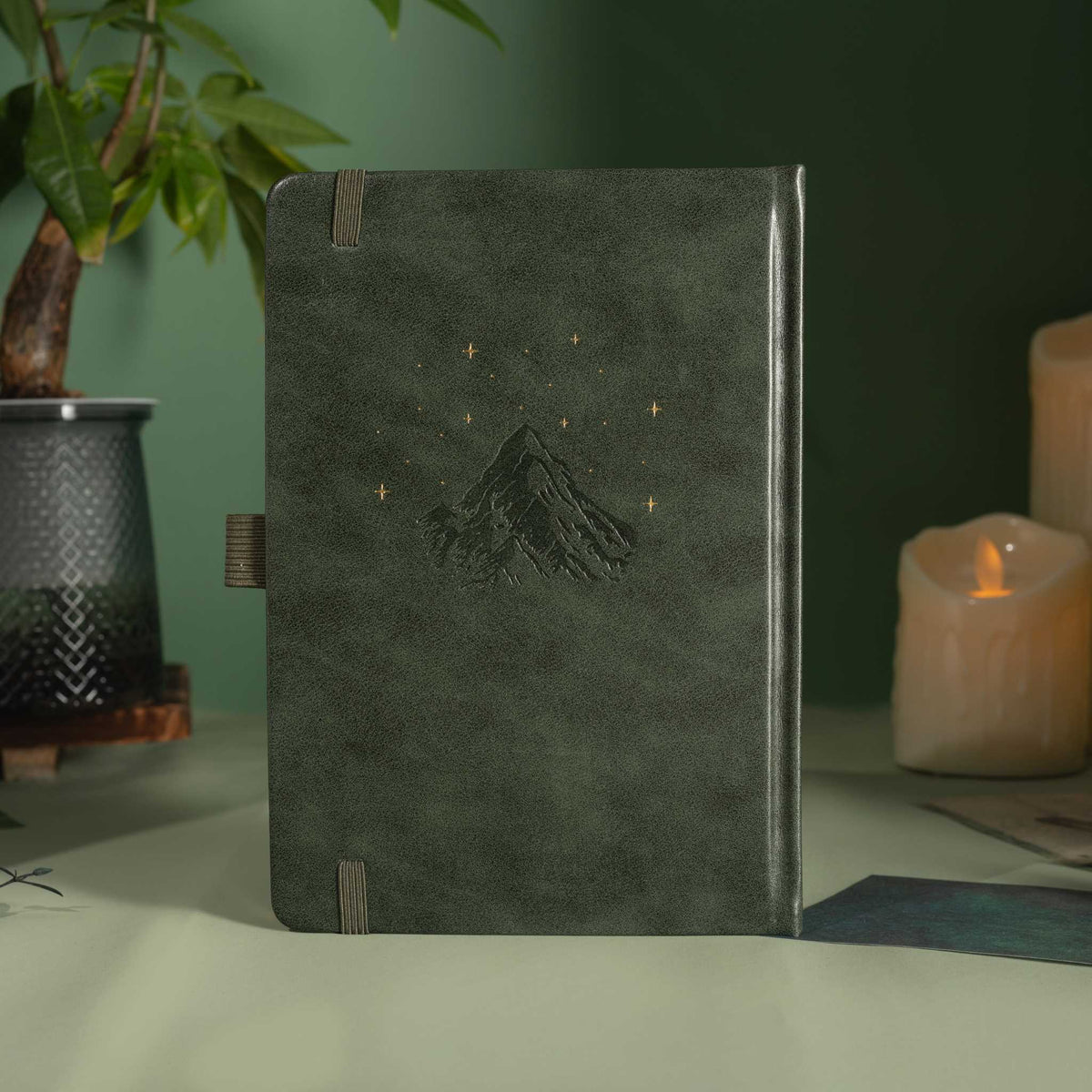 A5 Green Vegan Leather Mountain Notebook | Matte Gold Hardcover